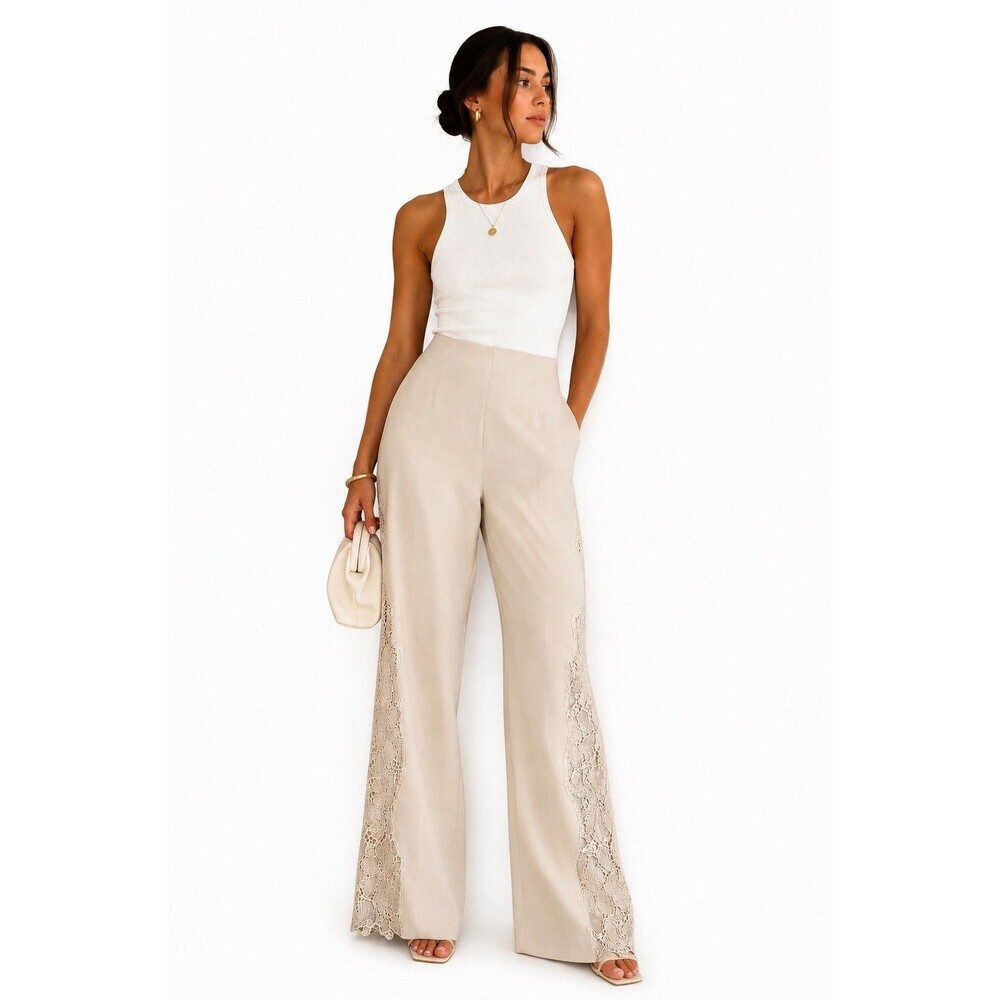H&M Lace Panel Wide Leg Pants Beige Satin Look High Rise Size 6 NWT
